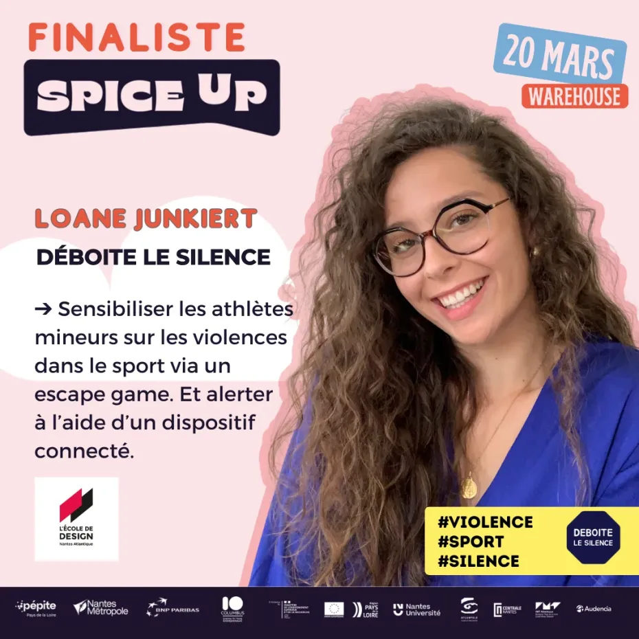 Finaliste spice up 2025, loane junkiert, etudiante ecole de design nantes atlantique, concours de pitch projet étudiant entreprenant, warehouse nantes, accompagné par pépite pays de la loire