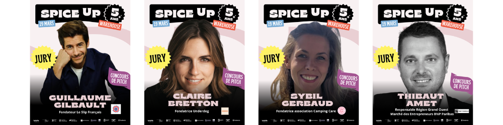 Jury Spice Up 2026 : Guillaume Gilbeault (slip Français), Claire Bretton Underdog), Sybil Gerbaud, Thibaut Amet BNP Parisbas,
